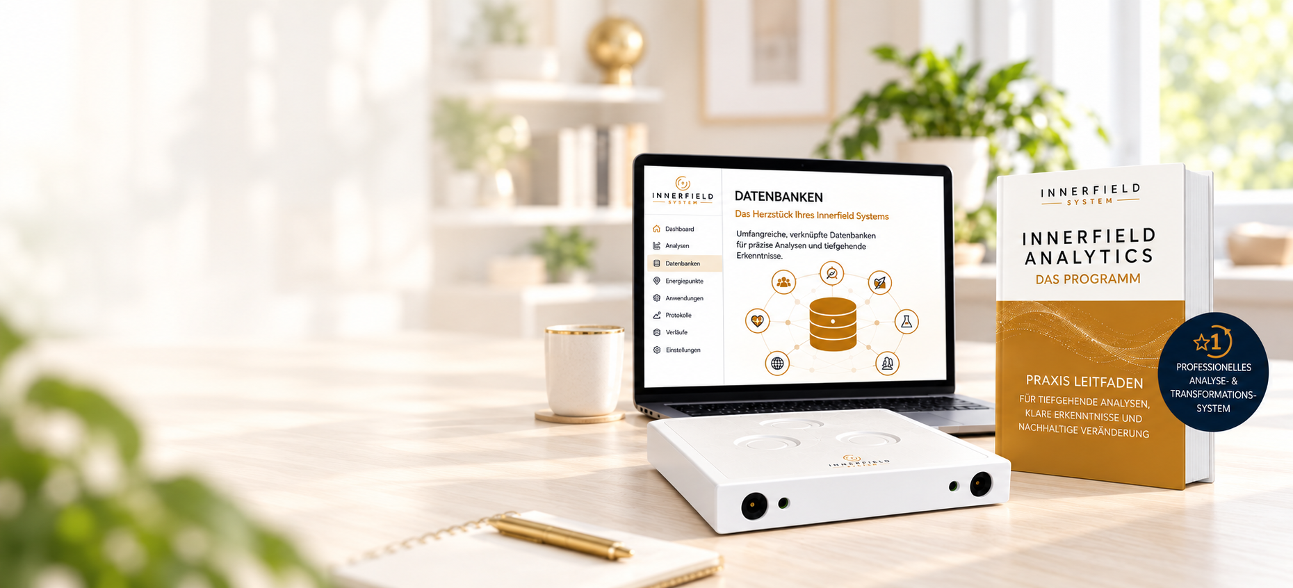 InnerField Analytics System mit Datenbanken, Praxisleitfaden und TimeWaver-Gerät in heller Arbeitsumgebung